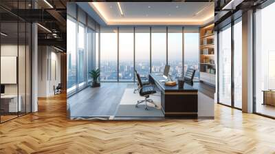 A modern office space with sleek furniture and panoramic windows offering sweeping views of the city skyline. Wall mural