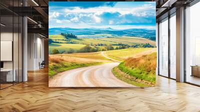 A picturesque countryside landscape with rolling hills and a winding country road disappearing into the distance. Wall mural