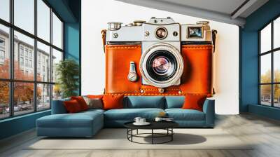 A vintage camera with a brown leather case, lens pointing directly at the viewer, resting on a clean white background. Wall mural