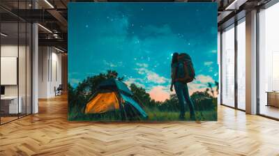 A woman with a backpack adjusts her hiking boots at the edge of a lush green forest, ready to embark on a journey of exploration and discovery.  Wall mural