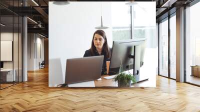 A woman working at a modern desk with two monitors, one laptop, and a small plant. The setting is bright and airy, with large windows and minimalistic decor. Wall mural