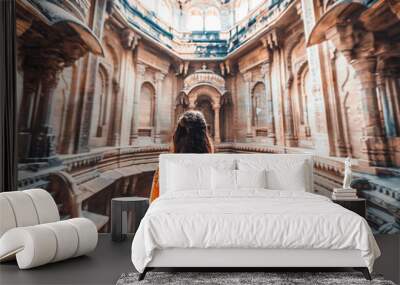 A young Indian woman exploring the architecture of a historic cathedral, captivated by the spiritual significance of the landmark. Wall mural