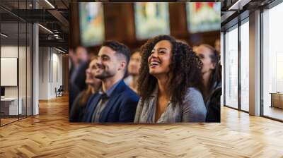 Afro american man singing in the church. Gospel singer singing. Joyful devotion, faith and belief in God religion concept. Wall mural