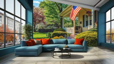 American flag on a american traditional house. Memorial day. The flag is flown on a national holiday. Wall mural