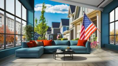 American flag on a modern american house. Memorial day. The flag is flown on a national holiday. Wall mural