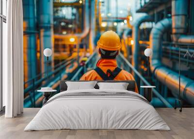 Back view of engineer wearing safety clothes and hardhat at Pipeline and pipe rack of petroleum, chemical, hydrogen industrial plant. Industrial zone ... Wall mural