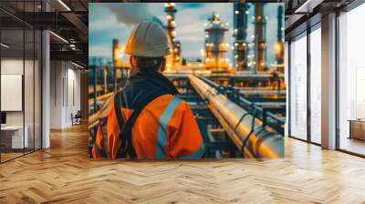 Back view of engineer wearing safety clothes and hardhat at Pipeline and pipe rack of petroleum, chemical, hydrogen industrial plant. Industrial zone ... Wall mural