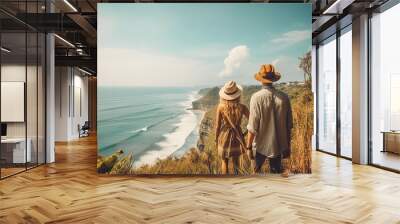 Bali travel destination. Tourist couple on sunny day looking at beautiful landscape. Generative AI. Wall mural