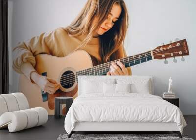 Beautiful girl with an acoustic guitar. Girl musician sitting and playing guitar. Generative AI Wall mural