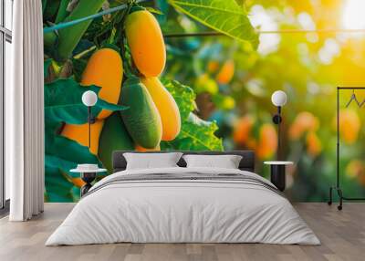 Bunch of fresh ripe papaya fruit hanging on a tree in papaya fruit garden. Wall mural