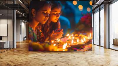 Burning candles at Diwali festival at night in India Wall mural