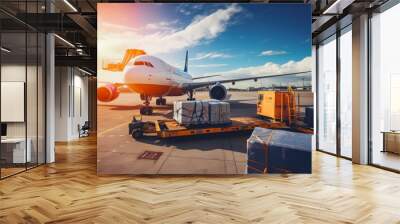 Cargo logistics concept. Industrial container yard for logistic import export business and forklift. Plane and truck loaded with cargo. Wall mural