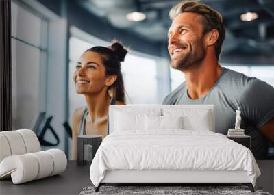 Caucasian woman and man working out in fitness, muscular, in shape. Jogging. Sweaty after workout in gym. Personal trainers, achievements and goals. Wall mural