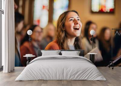 Caucasian woman singing in the church. Gospel singer singing. Joyful devotion, faith and belief in God religion concept. Wall mural