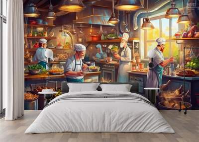 Chefs in professional restaurant kitchen. Colorful illustration. Generative AI. Wall mural