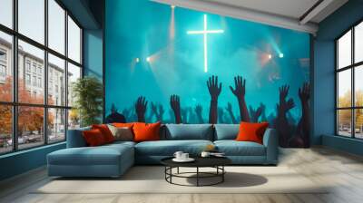 Christian worshipers raising hands up in the air in front of the cross Wall mural