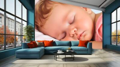 Close up portrait of a beautiful sleeping baby on white sheets. Cute little baby sleeping in soft crib at home. Generative AI Wall mural