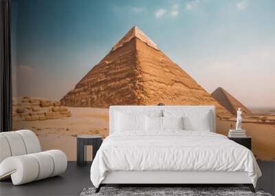 Egypt travel destination. Tourist couple on sunny day in desert with pyramids and beautiful landscape. Generative AI. Wall mural