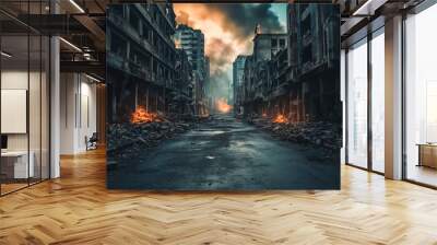 Empty street of burnt up city. Apocalyptic view of city downtown as disaster film poster concept. City destroyed by war Wall mural