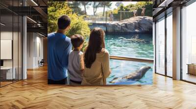 Family watching sea Lions. Free animals from captivity. Wall mural