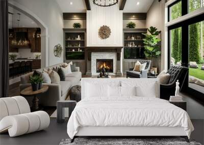 Farm house luxury style living room with a fireplace and a sconce hanging from the ceiling. Generative AI.  Wall mural