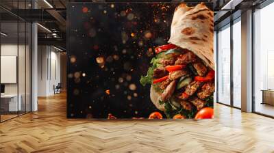 fresh grilled beef turkish or chicken arabic shawarma doner sandwich with flying ingredients and spices hot ready to serve and eat food commercial advertisement menu banner with copy space area Wall mural