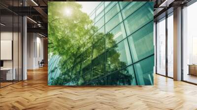 Green office building in modern metropolis. Glass business building in urban environment. Generative AI. Wall mural