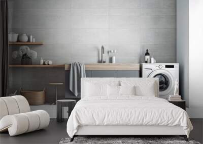 Grey laundry room sink washing machine. Minimalistic design interior of modern house. Generative AI Wall mural