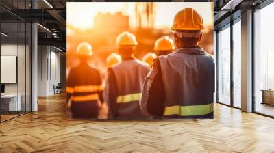 Group of work men at construction side dressed in safety vests and helmets ready to start working, team work on the job Wall mural