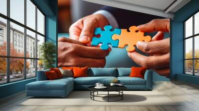 Hand holding jigsaw puzzle. Concept of business partnership and finding a solution and compromise. Business partners. Wall mural