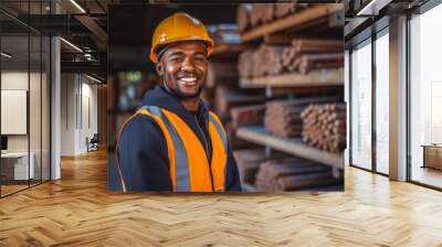 Happy African American factory worker wearing hard hat and work clothes standing in production line. Copper, steel production, machinery. Wall mural