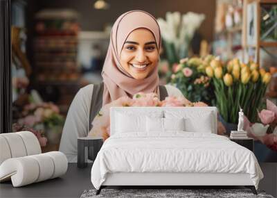 Happy arab woman florist arranging flowers into bouquet in flower shop. Wall mural