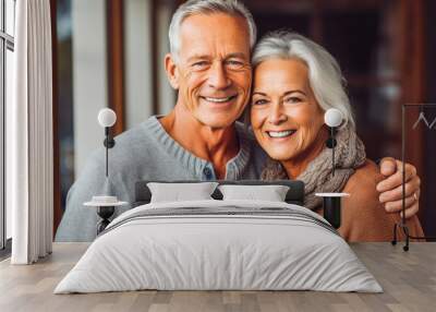 Happy senior couple portrait. Smiling cheerful elderly couple embracing and posing for camera. Generative AI Wall mural