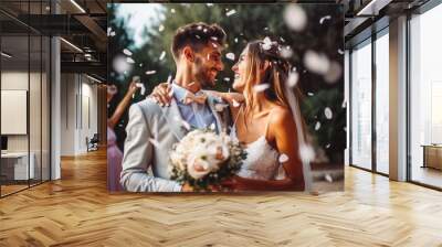 Happy wedding photography of bride and groom at wedding. Smiling couple at wedding, celebrating with family and friends. Generative AI Wall mural