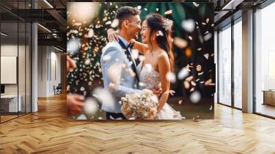 Happy wedding photography of bride and groom at wedding. Smiling couple at wedding, celebrating with family and friends. Generative AI Wall mural