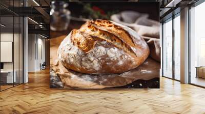 Homemade sourdough bread food, photography recipe idea, freshly baked loaf of bread from the oven, home recipe for tasty bread Wall mural