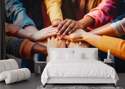 Homosexual diverse group of young people stacking hands. LGBTQ+ support and acceptance. Diverse queer people holding hands. Wall mural