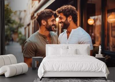 Homosexual men holding hands, smiling at each other. Romantic Kiss, two males gay feel tenderness, cherishing their profound emotional intimacy. Wall mural