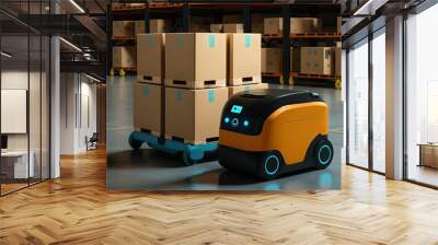 Illustration of AVG robot in a warehouse next to a pile of boxes he has to put away Wall mural