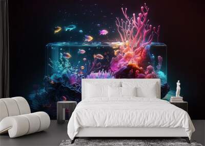 Illustration of underwater aquarium on dark background bioluminescent scenario underwater in 3D, generative ai Wall mural