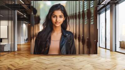 Indian teenage girl portrait in front of school lockers. Learning and school concept. Generative AI Wall mural