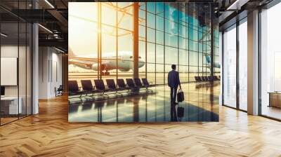 International terminal business travel transportation center. Businessmen traveling, talking at international airport. Generative AI. Wall mural