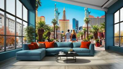 Las Vegas travel destination. Two tourists walking through city front view. Tour tourism exploring. Wall mural