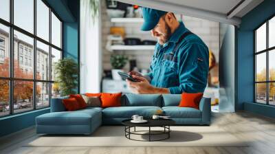 Man plumber work in uniform indoors using mobile phone. Wall mural