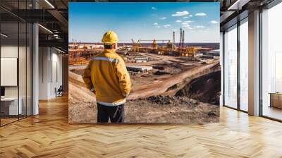 Mining engineer at mine site. Portrait of male engineer with hardhat using digital tablet while working at construction site Wall mural