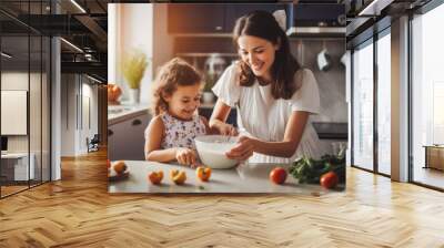 Mother cooking with daughter. Family relationships. Mother having fun with daughter, cooking in kitchen. Generative AI Wall mural