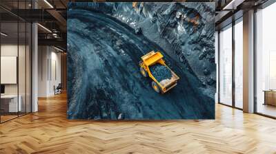 Open pit mine industry, big yellow mining truck for coal anthracite. Yellow mining truck for coal moves along dusty quarry road. Wall mural