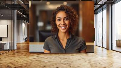 Portrait of receptionist at an office. Confident, smiling young receptionist taking calls. Generative AI Wall mural