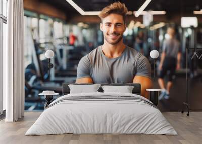 Portrait of sporty man in gym. Happy athletic fit muscular man in fitness center. Wall mural