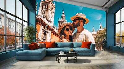 Seville travel destination. Tourist couple on sunny day in city beautiful urban landscape view. Generative AI. Wall mural